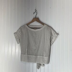 Brooks Brothers Red Fleece Women’s Size 2 Linen Blend Tie-Back Top Striped White